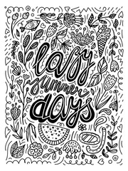 vector lazy summer days typography illustration. retro black and white calligraphy lettering poster with doodles, leaves, flowers, ice cream, watermelon, aqualung graphic print home living room decor.