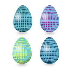 Set of Easter eggs with abstract geometric ornament with blue, purple, yellow,green lines on white background
