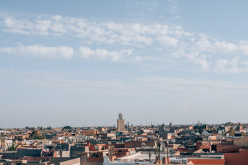 Fototapeta premium A beautiful view of Marrakech from a rooftop in the middle of the famous moroccan city.