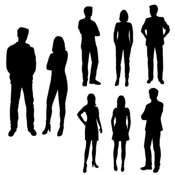 Set of business people, vector silhouettes, group men and women, black color, isolated on white background