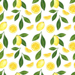 Citrus seamless pattern made of lemon and leaves, hand drawn botanical illustration isolated on white.