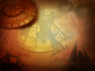 Fototapeta na wymiar Steampunk compass paper sailboat ship, vintage canvas, old retro grunge background