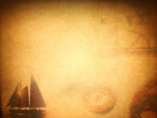Steampunk compass paper sailboat ship, vintage canvas, old retro grunge background