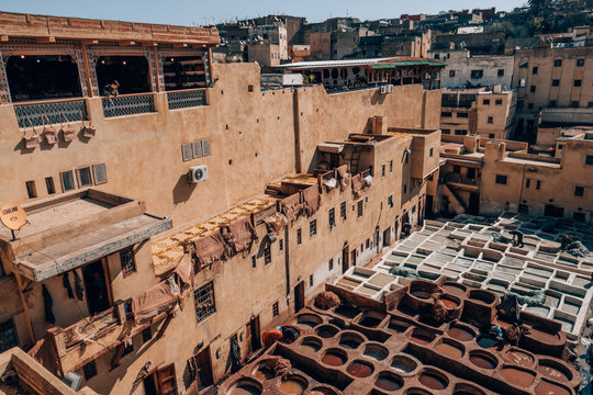 traditional tannery in the medina of fez, morocco