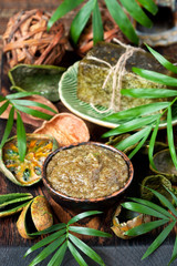 Herbal spa setting  with  cream-scrub and natural soap