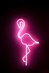 Obraz premium Tropical Flamingo bird in purple neon light on black background.