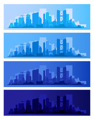 Trendy city skyline colored sets in different time of the day. Vector illustration