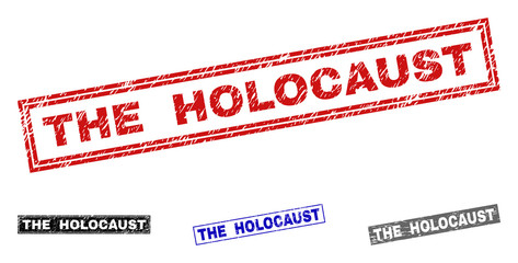 Grunge THE HOLOCAUST rectangle stamp seals isolated on a white background. Rectangular seals with grunge texture in red, blue, black and gray colors.
