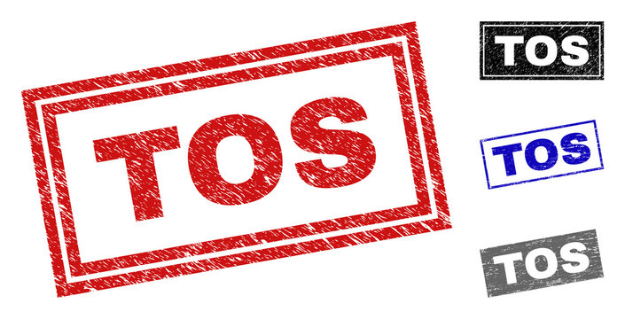 recommend clip art: Grunge TOS rectangle stamp seals isolated on a white background. Rectangular seals with distress texture in red, blue, black and grey colors.