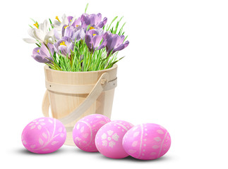Easter decoration with eggs and pink crocuses