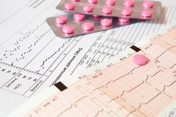 Cardiogram and medication. Daily monitoring schedule of HOLTER, cardiogram and pills. Inscriptions in Russian.