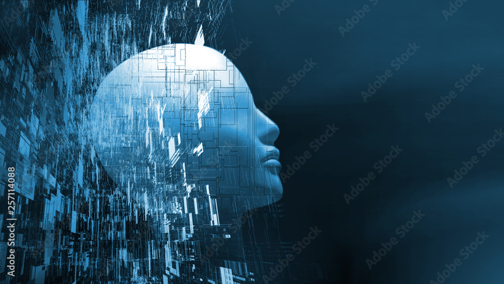 Poster 3d rendering of robot's head with abstract technology background. concept for artificial intelligenc