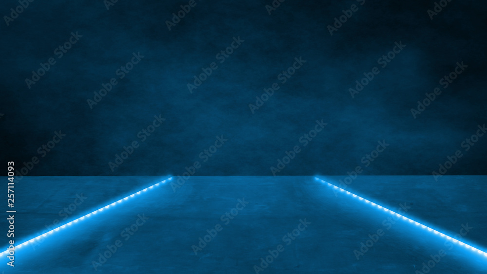 Poster 3d rendering of perspective dark metal floor with round led glow lights and fog clouds. for product 