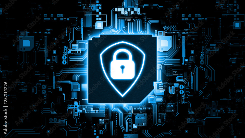 Poster 3d rendering of blue shield logo on microchip with glow circuit board background. concept of busines