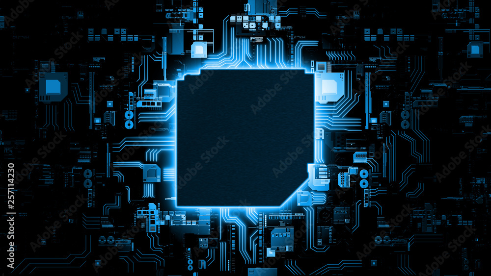 Fototapete 3d rendering of abstract blue glowing circuit board background with copy space at center for your te