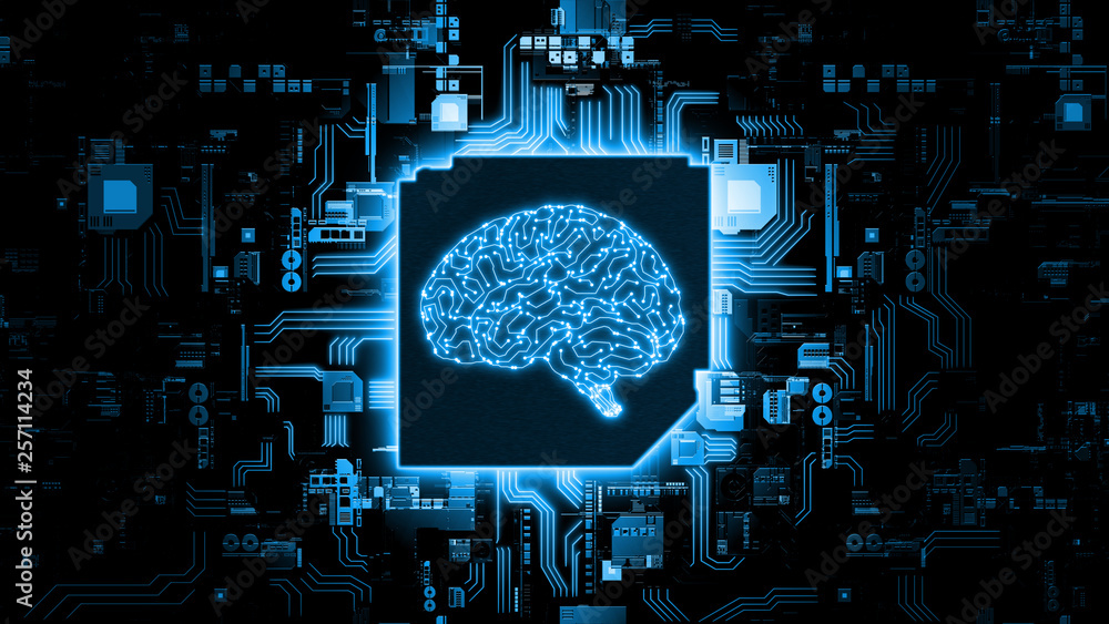 Poster 3d rendering of artificial intelligence hardware concept. glowing blue brain circuit on microchip on