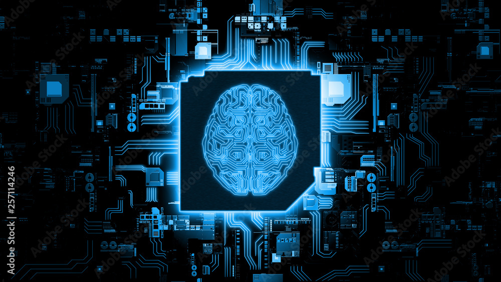 Poster 3d rendering of artificial intelligence hardware concept. glowing blue brain circuit on microchip on