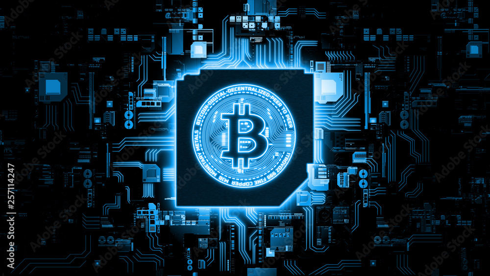 Poster 3d rendering of bitcoin (btc) on abstract computer software programming flow chart background. for c