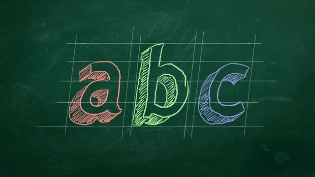 Hand drawing "abc" on green chalkboard. Stop motion animation.
