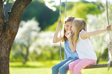 Two cute sisters having fun on a swing in blossoming old apple tree garden outdoors on sunny spring...