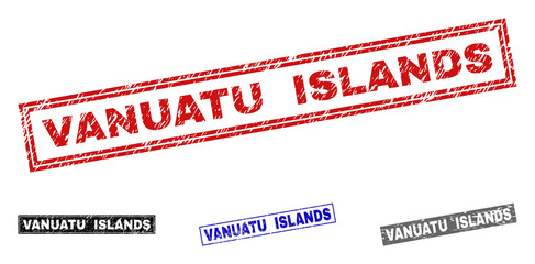 Grunge VANUATU ISLANDS rectangle stamp seals isolated on a white background. Rectangular seals with grunge texture in red, blue, black and grey colors.