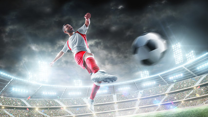 Soccer kick. Professional soccer player in action. Night 3d stadium with fans, illumination and flags. Power of sport