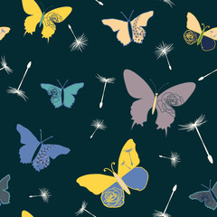 seamless pattern with butterflies and dandelions