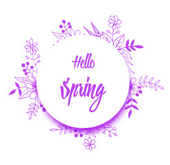 hand-drawn banner with flowers and text Hello spring. Floral vector illustration. Great for logo, website, postcard, banner or print.