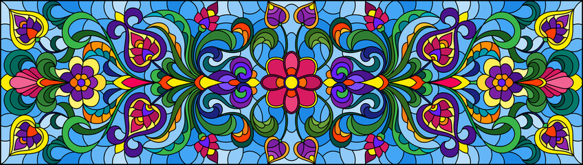 Fototapeta na wymiar Illustration in stained glass style with abstract swirls,flowers and leaves on a blue background,horizontal orientation