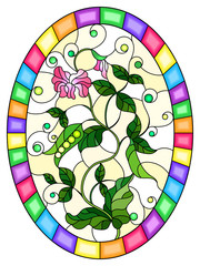 Illustration in stained glass style Bush green peas, leaves, shoots, pods and flowers on a light background, oval picture in bright frame