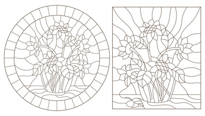 Set contour illustrations of the stained glass bouquets of  sunflowers in a vase, dark outlines on white background