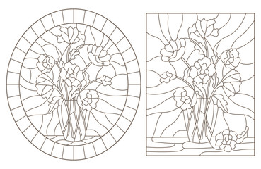 Set contour illustrations of the stained glass bouquets of poppies  in a vases, dark outlines on white background 
