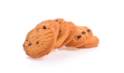 Chocolate chip cookie on white background.