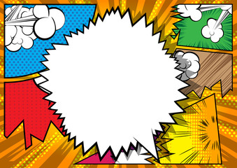 Vector illustrated retro comic book background with big blank speech bubble, pop art vintage style backdrop.