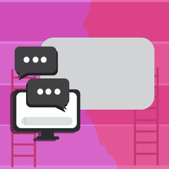 Blank Computer Monitor and Two Speech Balloon with Three Dots for Chat Icon Design business concept Empty copy text for Web banners promotional material mock up template.