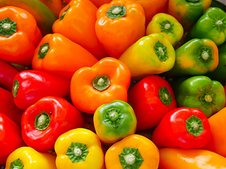 Freshness pepper, Colorful Yellow, orange, green and Red Paprika, Colorful bell peppers on the street market.