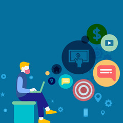 Man Sitting Down with Laptop on his Lap and SEO Driver Icons on Blank Space Design business concept. Business ad for website and promotion banners. empty social media ad