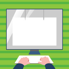 Hands on Mockup Keyboard Front of Blank White Monitor with Screen Protector Design business concept Empty template copy space text for Ad website isolated