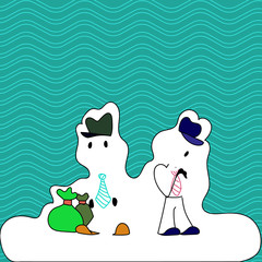 Figure of Two Men Standing with Pouch Bag on White Sticker Style Snow Effect Copy Space design Empty template text for Ad, promotion, poster, flyer, web banner, article