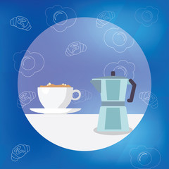 White Cup of Frothy Beverage and Kettle with Drawings of Croissant and Egg Business Empty template for Layout for invitation greeting card promotion poster voucher