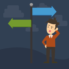 Man Confused with the Road Sign Arrow Pointing to Opposite Side Direction. Business concept Empty template copy space isolated Posters coupons promotional material