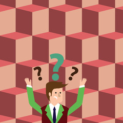 Confused Businessman Raising Both Arms with Question Marks Above his Head Design business concept. Business ad for website and promotion banners. empty social media ad