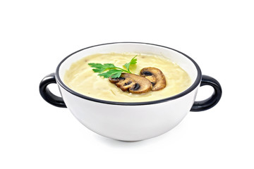 Soup-puree mushroom with champignons in bowl