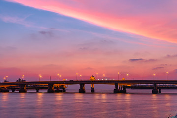 Fototapeta na wymiar scenery sunset at Sarasin bridge. the bridge is the most important in making businesses. .From the provinces to Phuket has traded a lot of money. This bridge linking the province of Phang Nga.