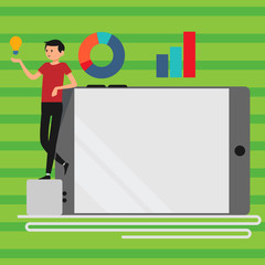 Man Leaning on Blank Smartphone Turned on Its Side with Graph and Idea Icon Copy Space design Empty template text for Ad, promotion, poster, flyer, web banner, article