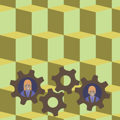 Fototapeta premium Two Business People Each Inside Colorful Cog Wheel Gears for Teamwork Event Design business concept Empty template copy space text for Ad website isolated