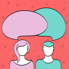 Blank Faces of Male and Female with Colorful Blank Speech Bubble Overlaying Design business concept Empty template copy space text for Ad website isolated