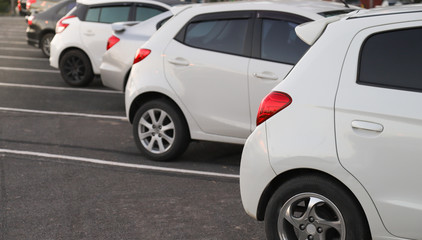 Closeup of rear or back side of white car with other cars parking in parking area in twilight evening.