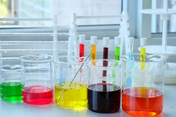 Chemical tube set development and pharmacy in laboratory  with multicolored substances in laboratory - Image
