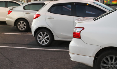 Closeup of rear or back side of white car with other cars parking in outdoor parking area in twilight evening.
